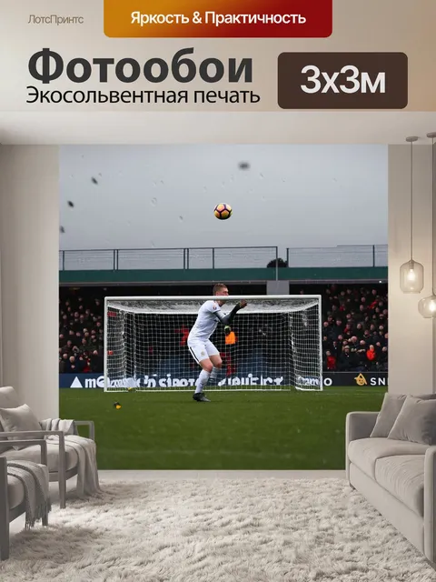 Фотообои с мячом, который с высокой скоростью летит в ворота профессионального вратаря, дождливый день, серое небо…