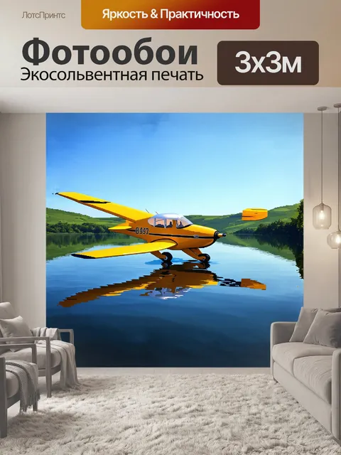 Фотообои легкий спортивный самолет проносится над безмятежным озером, отражая свой силуэт на гладкой поверхности воды
