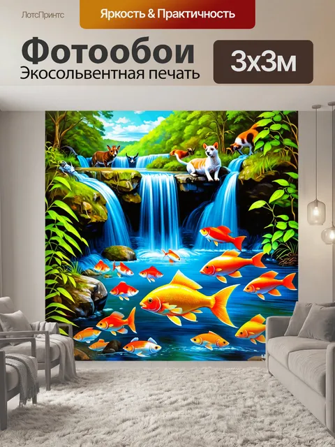 Фотообои животные в стиле малярные краски, водопад с рыбой в реке, яркие синие и зеленые тона