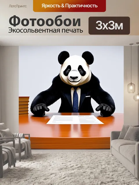 Фотообои панда в деловом костюме, успешно закрывающая сделку за столом, указывающая на контракт