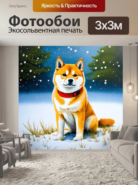 Фотообои сиба ину, сидящий на заснеженной поляне под падающим снегом, с ярким красным ошейником на шее