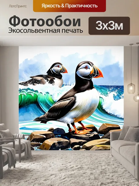 Фотообои изображение птичьей колонии на скалистых берегах исландии, где на фоне бушующих волн стоит яркий тупик