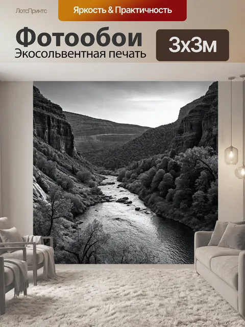 Фотообои пейзаж в стиле черно-белый, ущелье с обрывами и протекающей рекой
