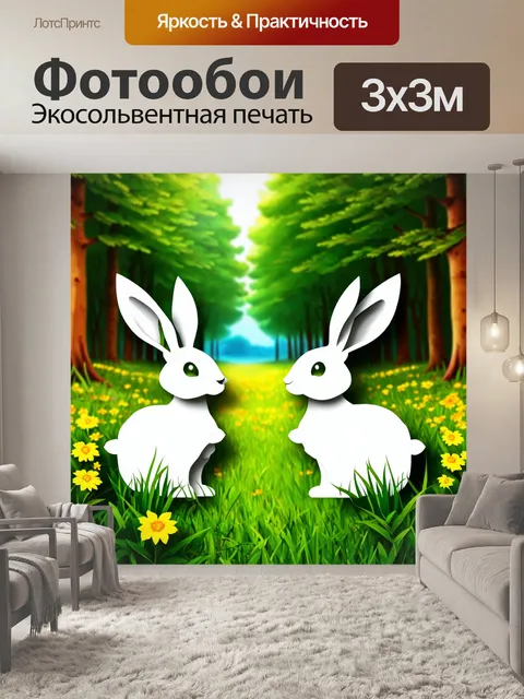 Фотообои животные в стиле вырезание из бумаги, пушистые зайцы в лесу весной