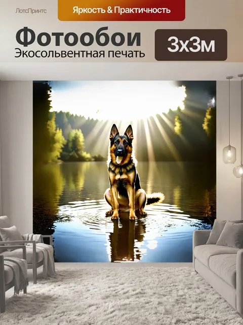 Фотообои присевшая немецкая овчарка на берегу кристально чистого озера, где играют солнечные блики