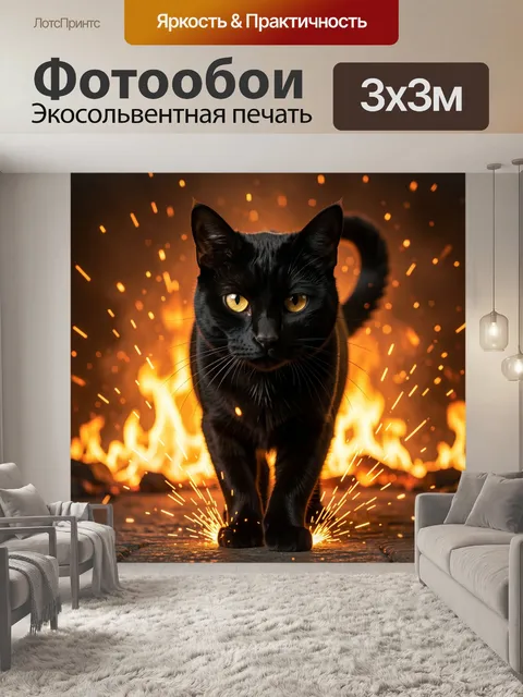 Фотообои Черный кот на фоне огня