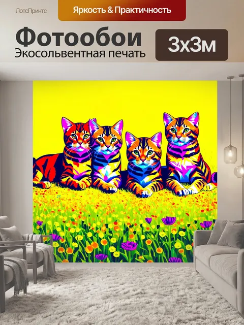 Фотообои группа диких кошек, отдыхающих на солнечной поляне среди цветов