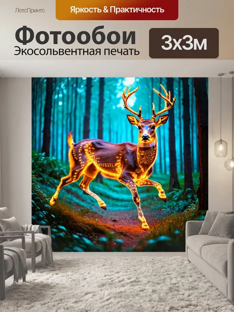 Фотообои животные в стиле футуризм, где олени, украшенные led огнями, прыгают через виртуальный лес