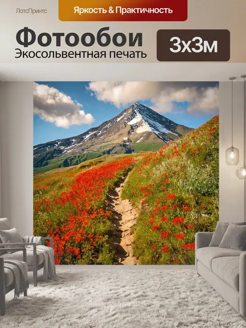 Фотообои пейзаж в стиле ретро, горная тропа с красными цветами и величественными облаками