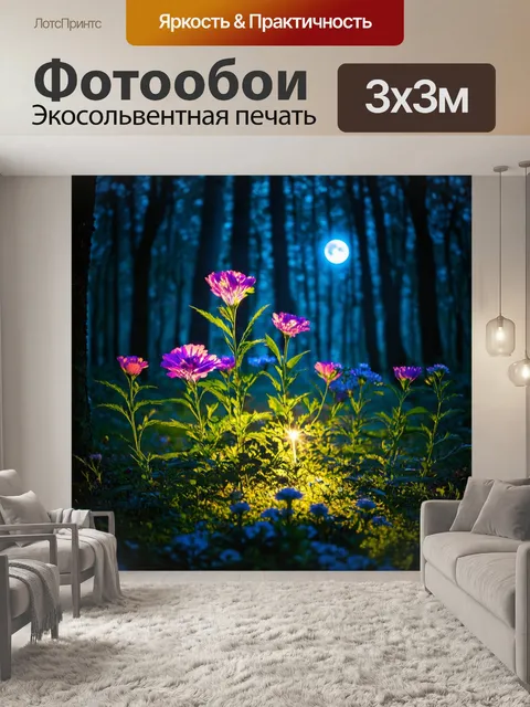 Фотообои цветы в стиле фэнтези, с атмосферой ночного леса, освещенного лунным светом и сверкающими цветами