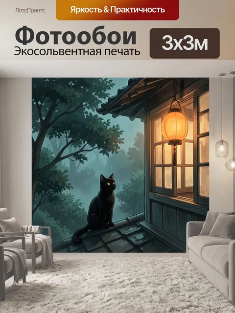 Фотообои Черный кот под дождем у дома