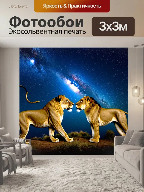 Фотообои с львами, наблюдающими за звездами в ясную ночь, их силуэты на фоне сияющего млечного пути
