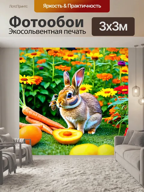 Фотообои с животными, в саду полным фруктов, весёлый кролик собирает морковь среди ярких цветов, а вокруг летают…