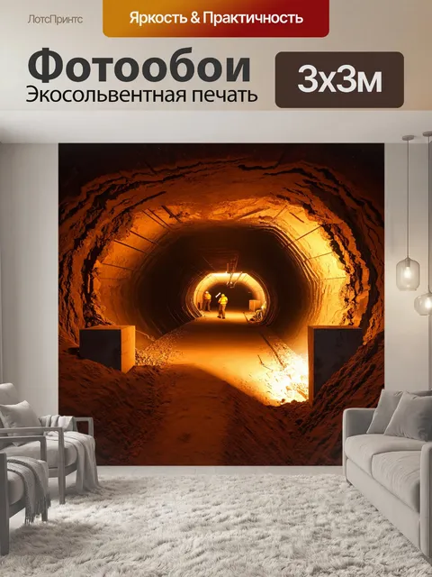 Фотообои подземный шахтный тоннель, где горняки работают с мощными молотами, разбивая большие блоки света цвета гранита