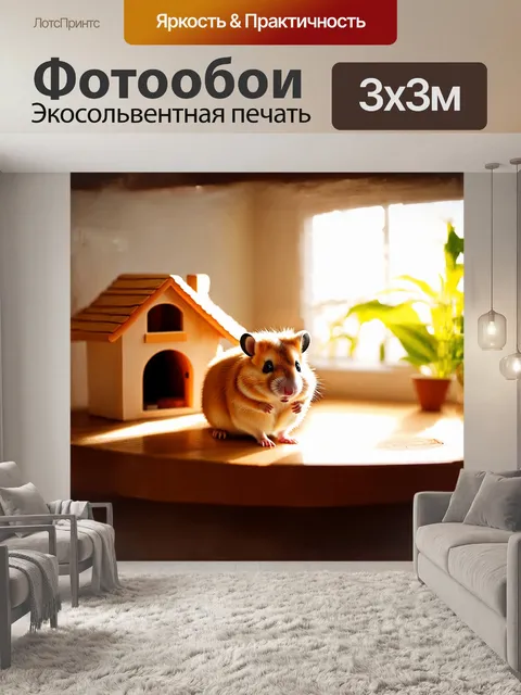 Фотообои в центре освещённой комнаты