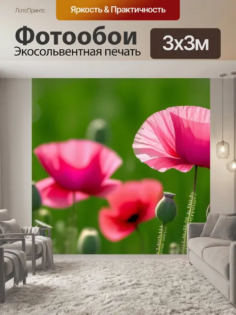 Фотообои розовые маки на фоне поля
