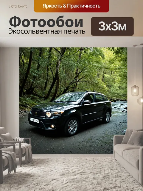 Фотообои машина в стиле полароидная фотография с автомобилем на фоне густых лесов и рек