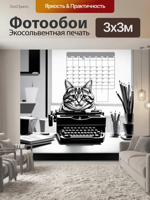 Фотообои кошка-секретарь, использующая пишущую машинку, сидит в уютном офисе с расписанием
