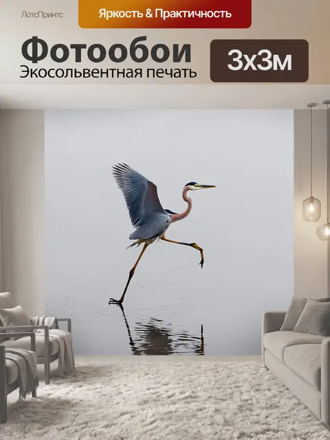 Фотообои цапля, скользящая по утреннему туману, её длинные ноги едва касаются воды, а в воздухе витает лёгкая…