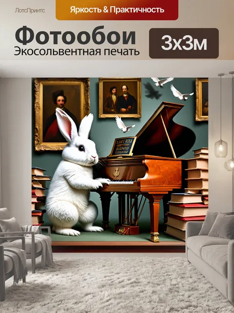 Фотообои животные в стиле сюрреализм, на котором белый заяц играет на пианино среди летающих книг и старинных картин