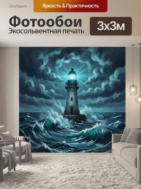Фотообои Маяк на скалистом берегу в шторм