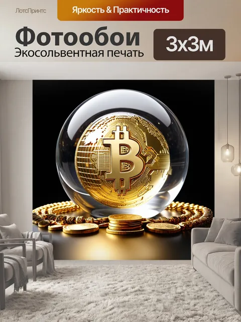Фотообои уникальный объект – биткойн внутри стеклянной сферы в виде глобуса