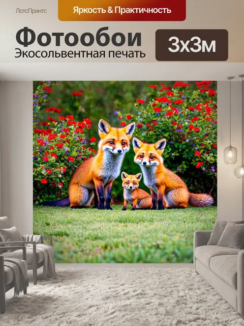Фотообои животные в стиле неоромантизм: изображение семейства лисиц, играющих вокруг цветущих кустов