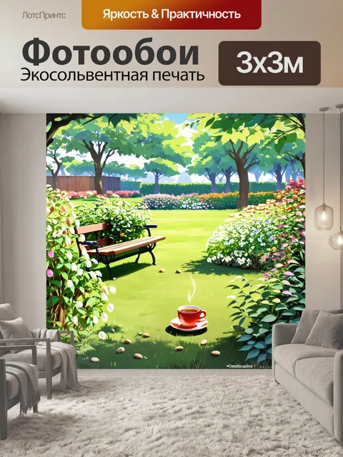 Фотообои цветущий сад с листьями в различных оттенках пантонов, среди которых растут арахисы