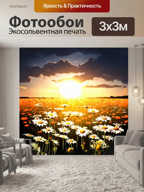 Фотообои поле ромашек, расцветающее в лучах закатного солнца, окутано золотыми и оранжевыми оттенками