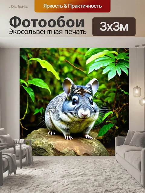 Фотообои шиншилла сидит на скале в джунглях, среди зеленых растений и лиан
