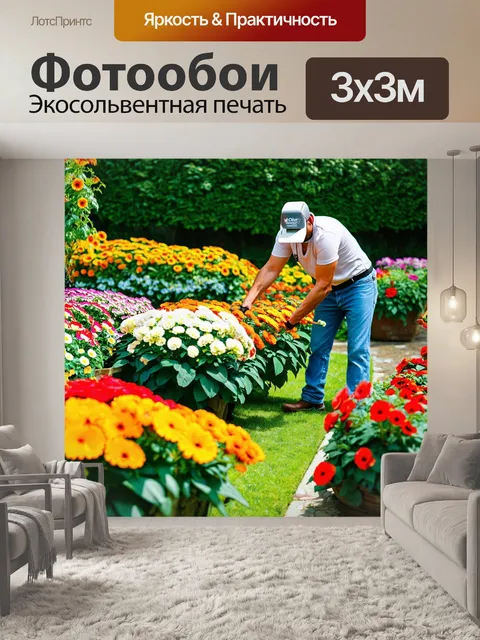 Фотообои садовод, ухаживающий за цветниками на своем приусадебном участке, яркие краски и свежие ароматные цветы вокруг