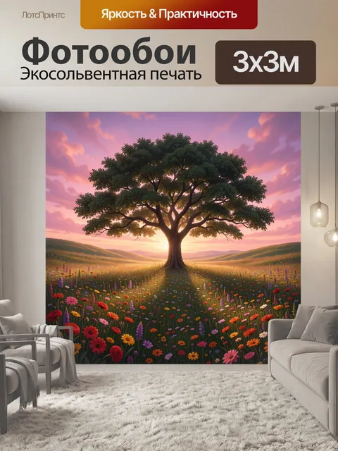 Фотообои Одинокое дерево в цветочном поле