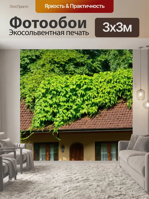 Фотообои коричневая крыша, покрытая зелеными растениями, на домике