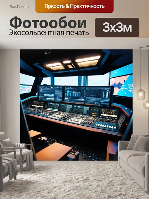 Фотообои эпическая сцена внутри студийного кабины с разнообразием современного оборудования