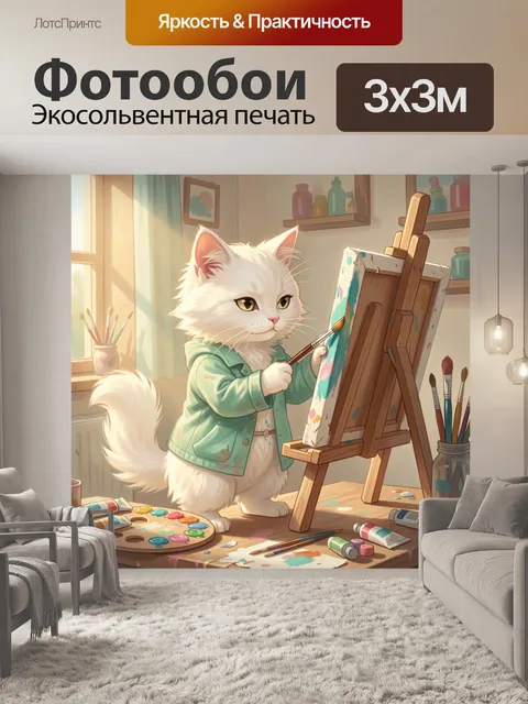 Фотообои Белый кот за рисованием