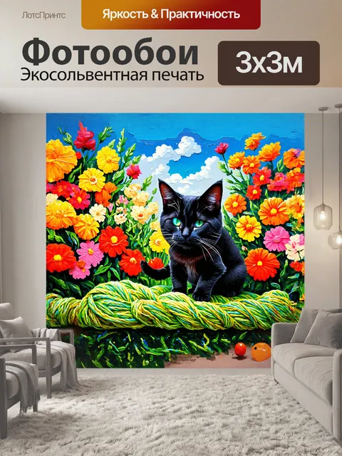 Фотообои черная кошка, играющая с клубком ниток на фоне цветущего сада, излучает игривость и веселье