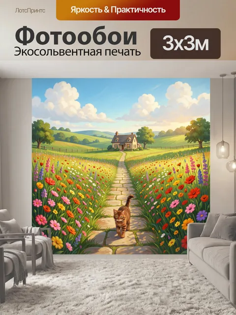 Фотообои Кот на тропинке среди цветов