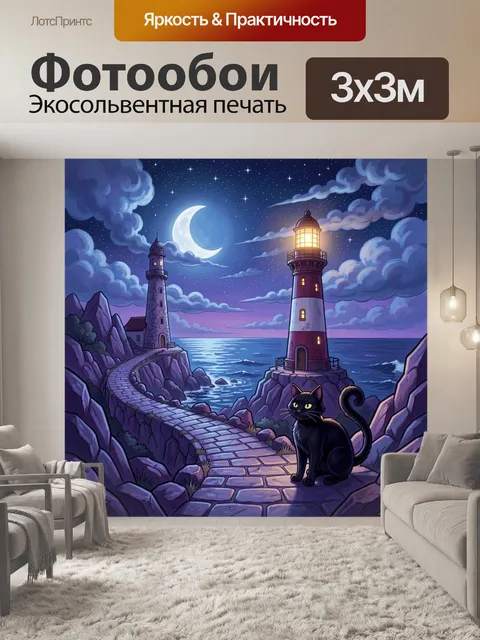 Фотообои Маяки и чёрный кот у моря