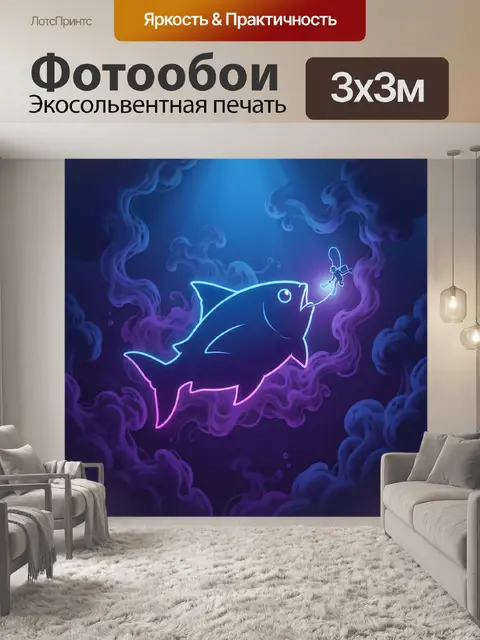 Фотообои Неоновая рыба в облаках дыма