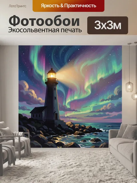 Фотообои Маяк среди северного сияния