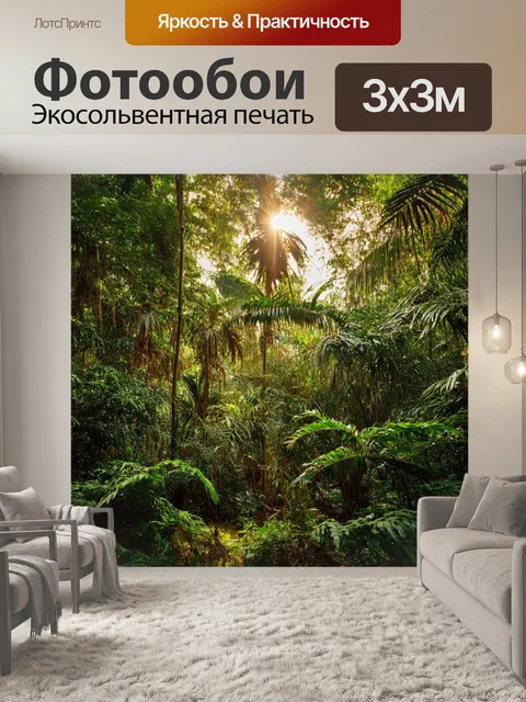 Фотообои утро, тропический лес с экзотическими растениями, утренние лучи выходят сквозь листву, наполняя воздух…