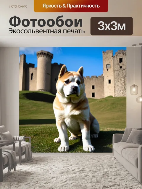 Фотообои на фоне старинного заброшенного замка щенок американской акиты смотрит вдаль