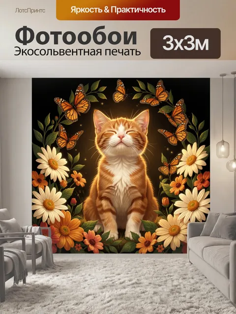 Фотообои Рыжий котенок с бабочками