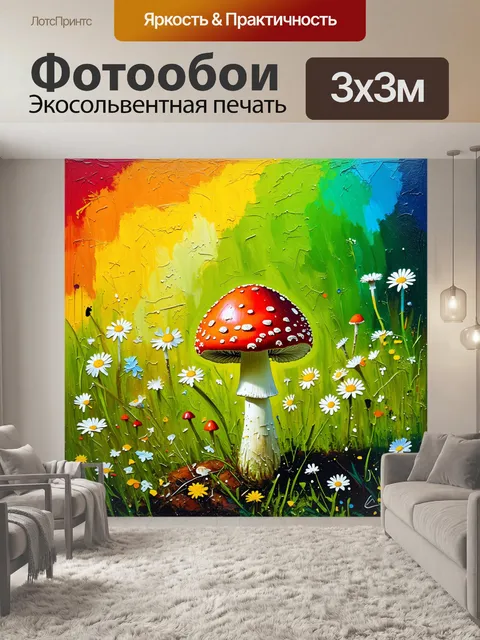 Фотообои красный мухомор, растущий на яркой и цветущей луга, на фоне радуги