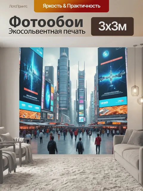 Фотообои город в стиле научная фантастика: огромные экраны с рекламой и информацией