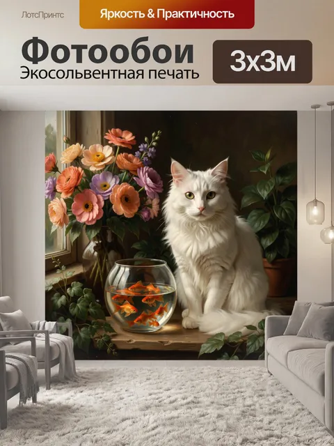 Фотообои Белый кот у аквариума с рыбками