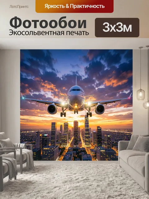 Фотообои Самолёт над вечерним мегаполисом