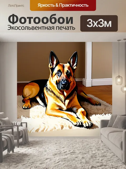 Фотообои полумрак в комнате, где уютно расположилась немецкая овчарка, лежащая на мягком ковре