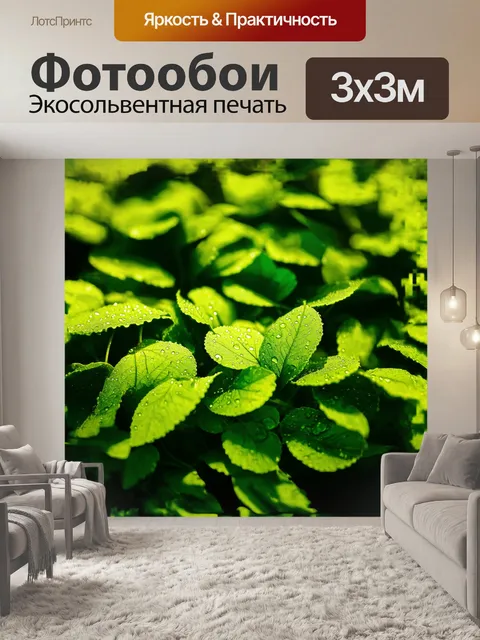 Фотообои на переднем плане изображены яркие зеленые листья