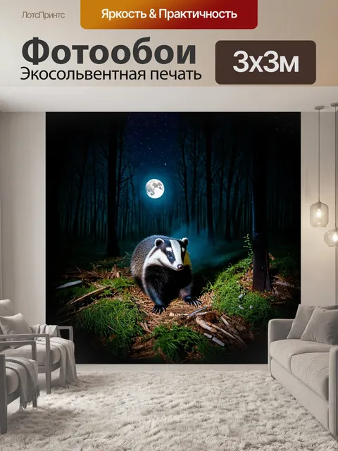 Фотообои ночью, при свете луны, барсук копается в лесной подстилке, и в воздухе витает легкий туман